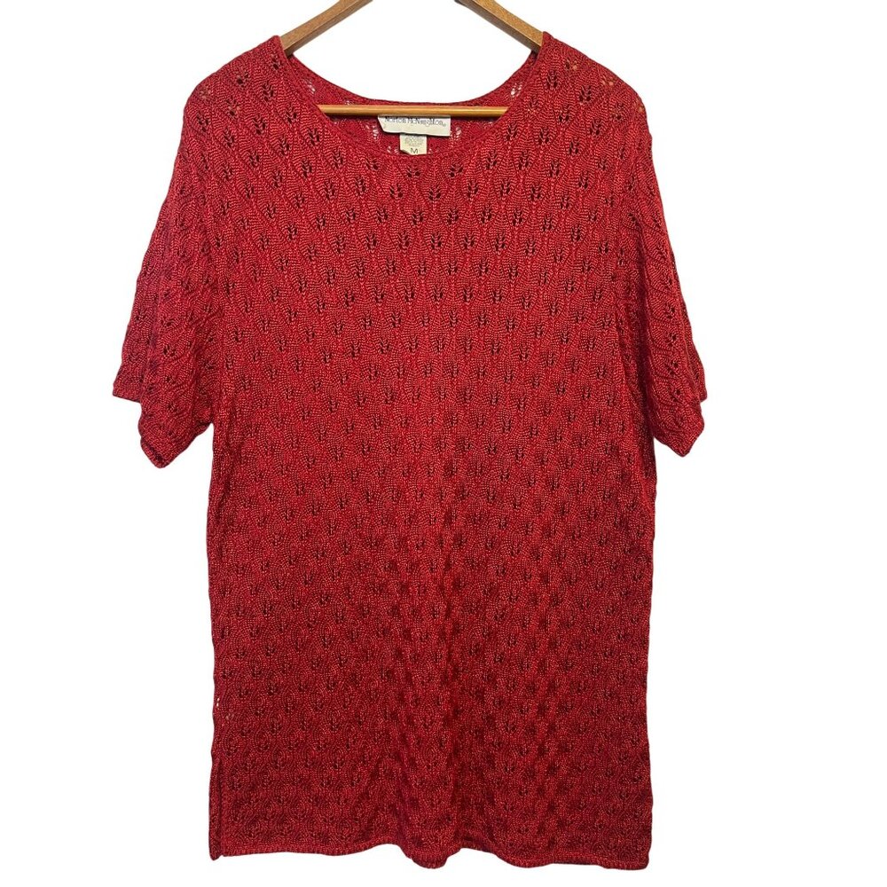 Norton McNaughton Open Knit Sweater Women's M Cotton Rayon Red Classic VTG USA